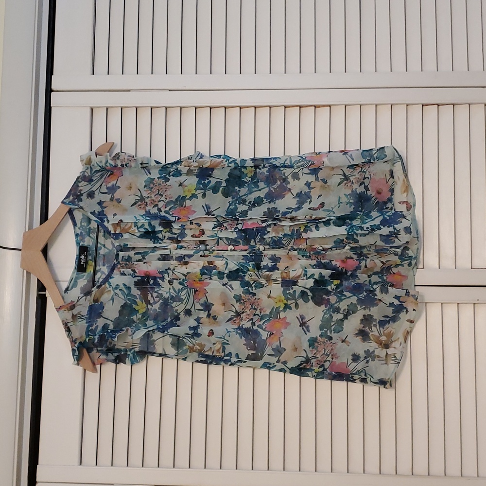 Wallis Romantic Sheer Button-up Top with Floral and Dragonfly Print, Size 8